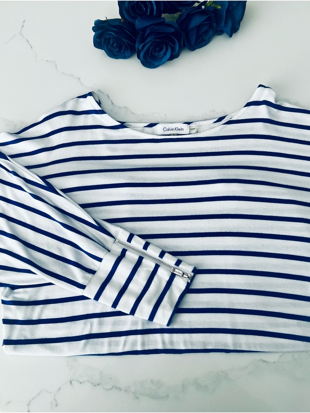 Calvin Klein White and Navy Striped 3/4 Sleeve Boatneck Top